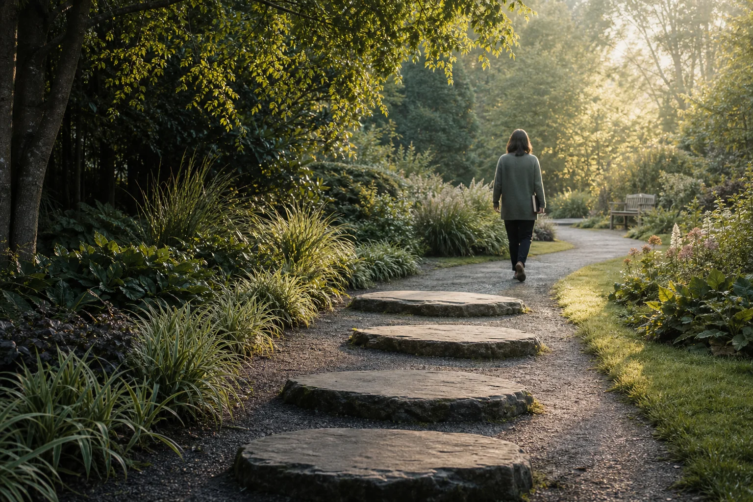 A peaceful garden path with four natural stone stages leading towards warm morning light