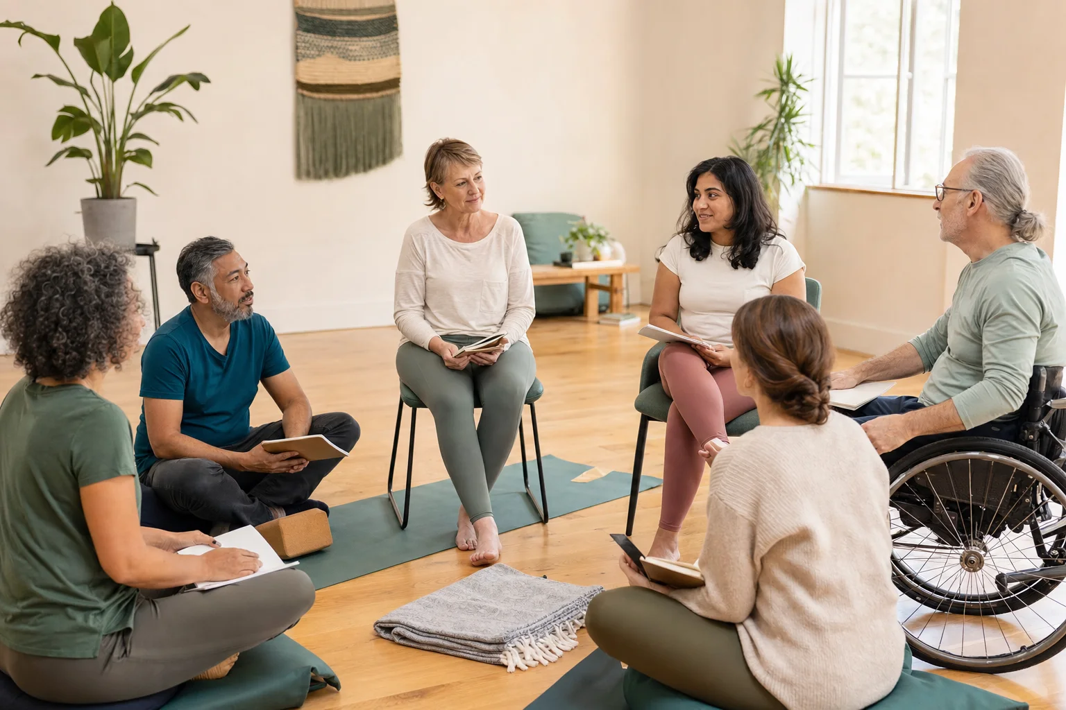 A diverse and inclusive group of adults sharing reflections after a gentle wellbeing session