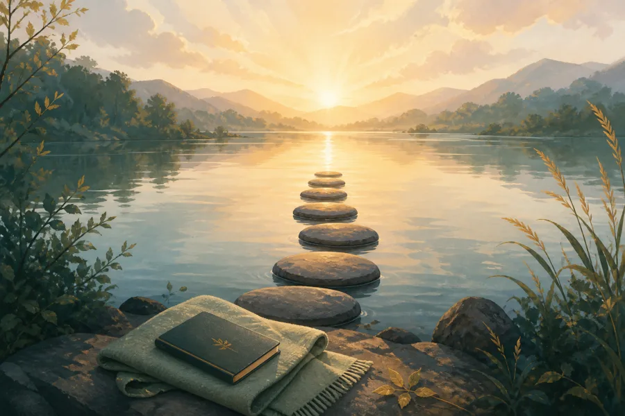 Stepping stones crossing a calm lake towards the sunrise