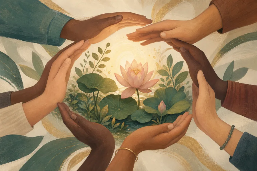 Diverse hands forming a supportive circle around a lotus garden