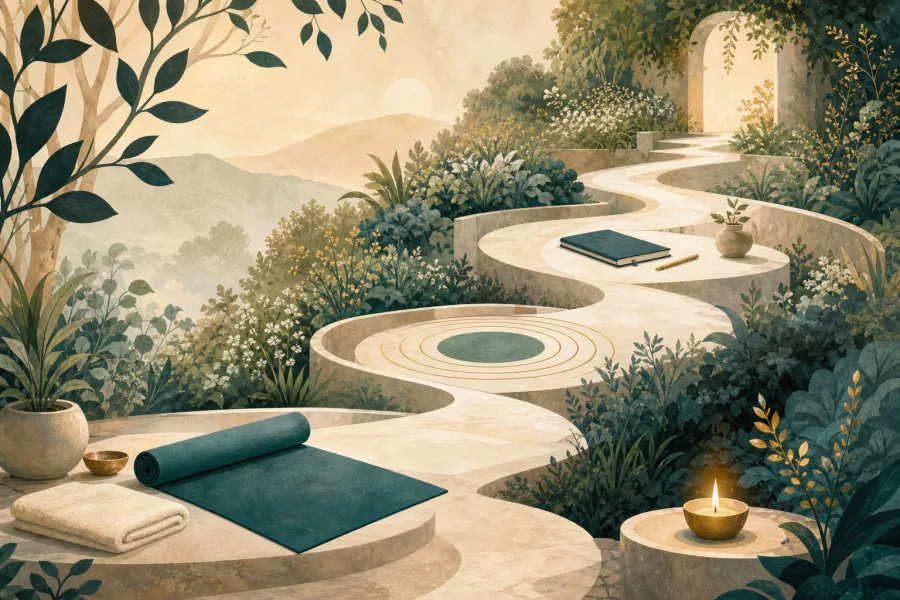 A gentle garden path connecting yoga, breathing and reflection
