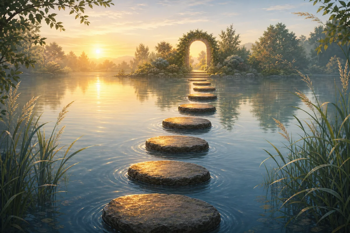 Stepping stones crossing calm water towards a sunlit garden