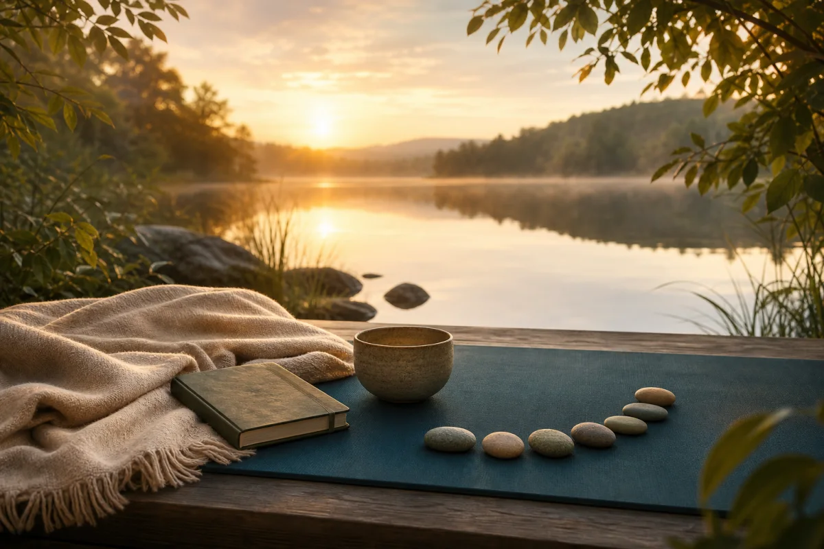 A journal, yoga mat and seven pebbles beside a calm lake at sunrise