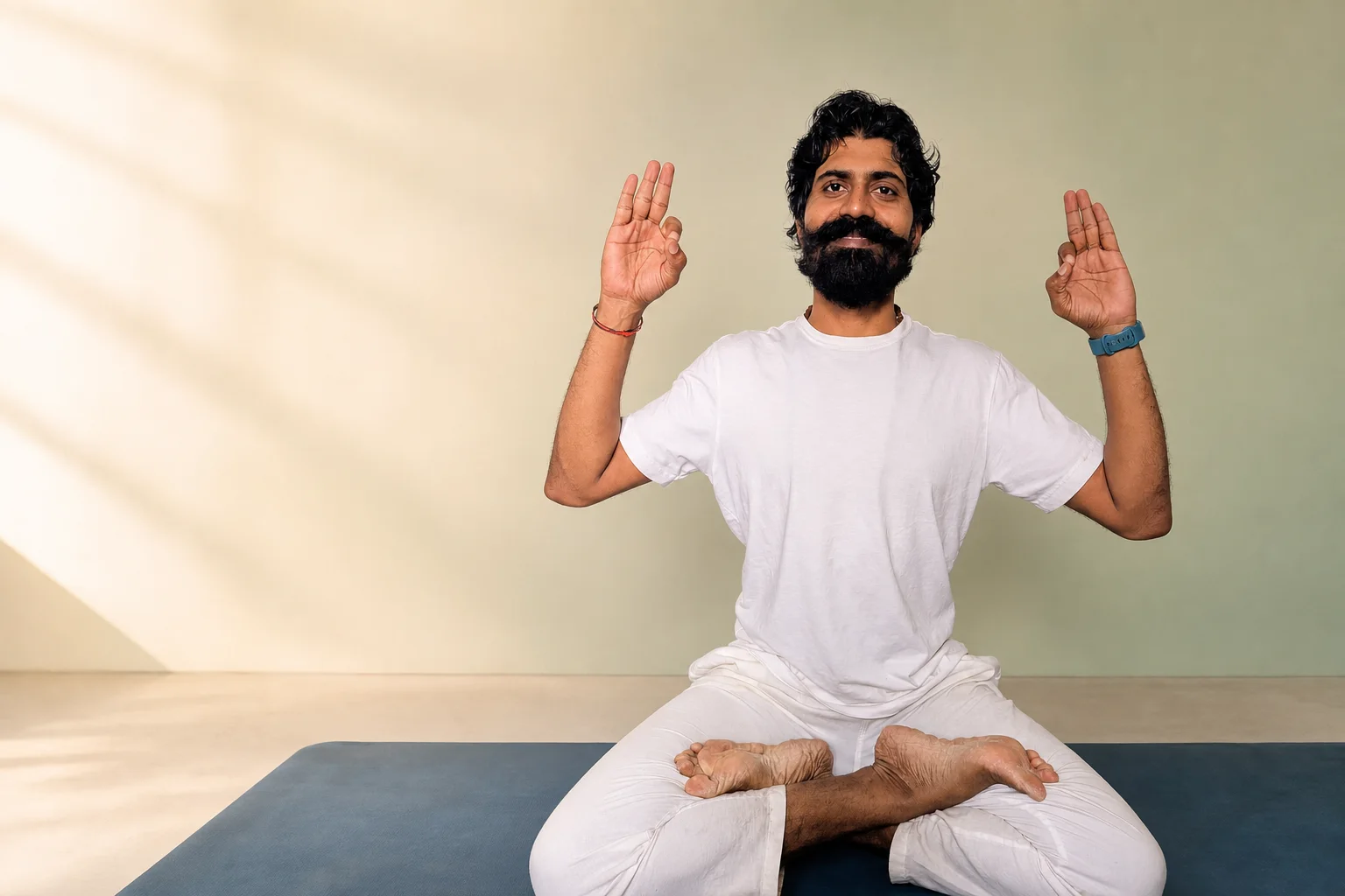 Yoga Acharya Srini seated in a calm yoga posture